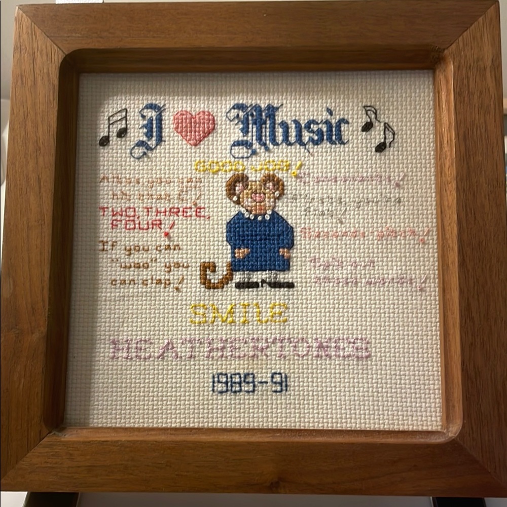 Vintage Handmade Framed Cross-Stitch Art with Music Theme 7 3/4” x 7 3/4” 2/$15